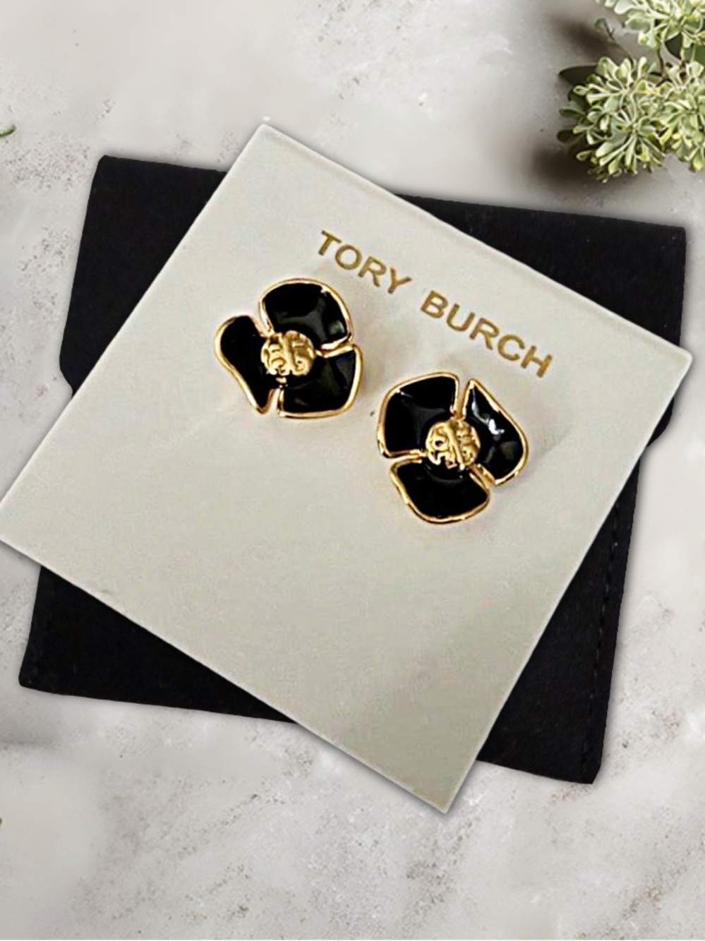 Tory Burch Fleur Black Enamel Gold Tone Floral Stud Earrings with Logo Back